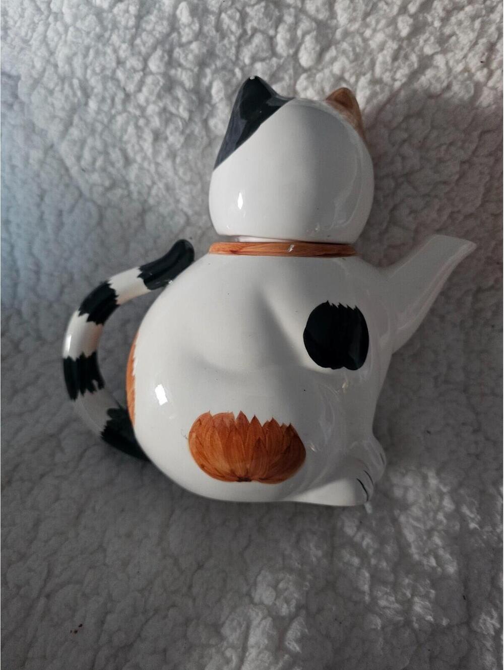 Vintage Chubby Cat Tea Pot 7" Porcelain Ceramic Multicolor 2pc Thailand Decor - Picture 7 of 16